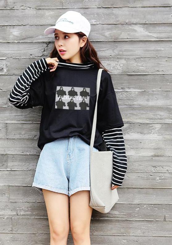 Character Letter Print Stripe Patchwork Casual Loose Long Sleeve T Shirt - Easy Pickins Store