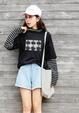 Character Letter Print Stripe Patchwork Casual Loose Long Sleeve T Shirt - Easy Pickins Store