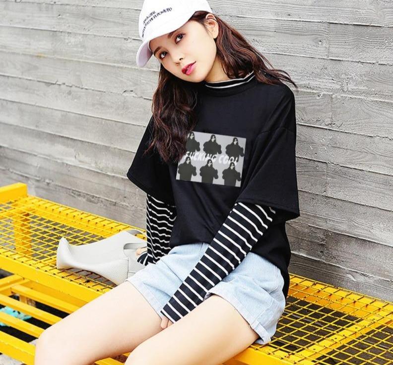 Character Letter Print Stripe Patchwork Casual Loose Long Sleeve T Shirt - Easy Pickins Store