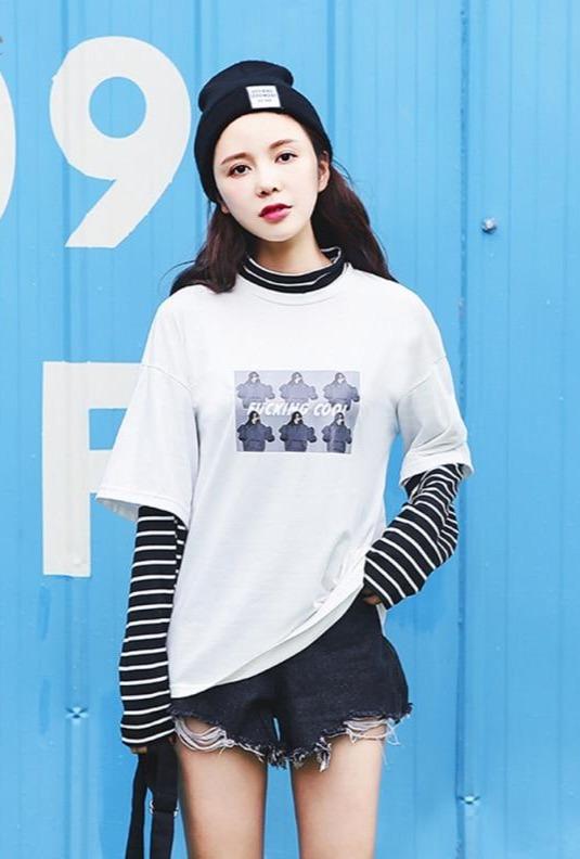 Character Letter Print Stripe Patchwork Casual Loose Long Sleeve T Shirt - Easy Pickins Store