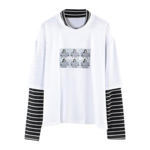 Character Letter Print Stripe Patchwork Casual Loose Long Sleeve T Shirt - Easy Pickins Store