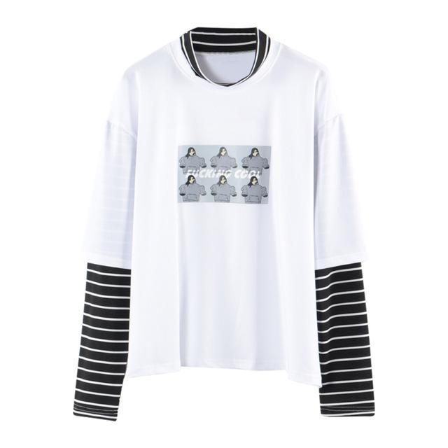 Character Letter Print Stripe Patchwork Casual Loose Long Sleeve T Shirt - Easy Pickins Store