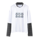 Character Letter Print Stripe Patchwork Casual Loose Long Sleeve T Shirt - Easy Pickins Store
