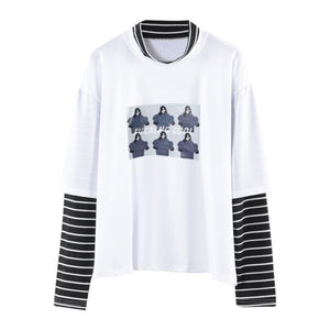 Character Letter Print Stripe Patchwork Casual Loose Long Sleeve T Shirt - Easy Pickins Store