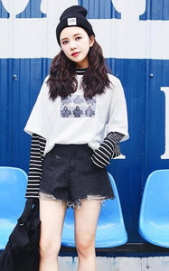 Character Letter Print Stripe Patchwork Casual Loose Long Sleeve T Shirt - Easy Pickins Store