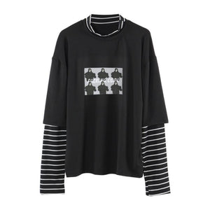 Character Letter Print Stripe Patchwork Casual Loose Long Sleeve T Shirt - Easy Pickins Store