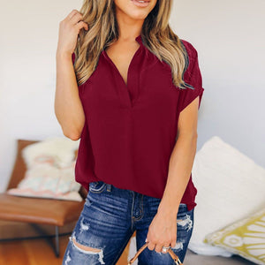 Chiffon V Neck Short Sleeve Casual Blous - Easy Pickins Store