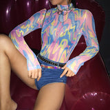 Colorful Mesh Bodysuit Romper Long Sleeve Jumpsuits Turtleneck - Easy Pickins Store