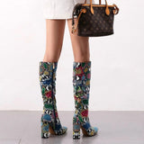 Colorful Snake Skin Thick High Heel Pointed Toe Zip Pleated Boots - Easy Pickins Store