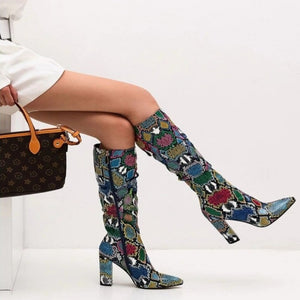 Colorful Snake Skin Thick High Heel Pointed Toe Zip Pleated Boots