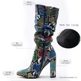 Colorful Snake Skin Thick High Heel Pointed Toe Zip Pleated Boots - Easy Pickins Store