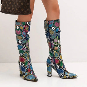Colorful Snake Skin Thick High Heel Pointed Toe Zip Pleated Boots - Easy Pickins Store