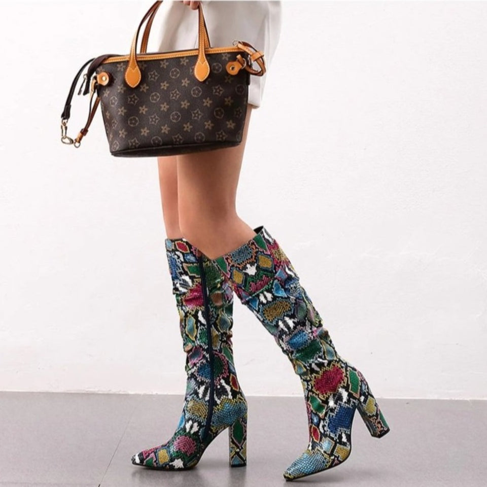 Colorful Snake Skin Thick High Heel Pointed Toe Zip Pleated Boots - Easy Pickins Store