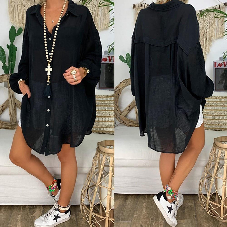 Cotton Linen Blouse Long Sleeve Turn Down Collar - Easy Pickins Store