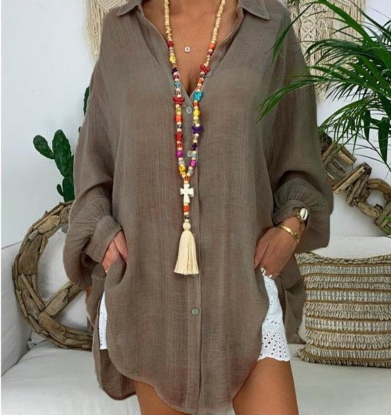 Cotton Linen Blouse Long Sleeve Turn Down Collar - Easy Pickins Store
