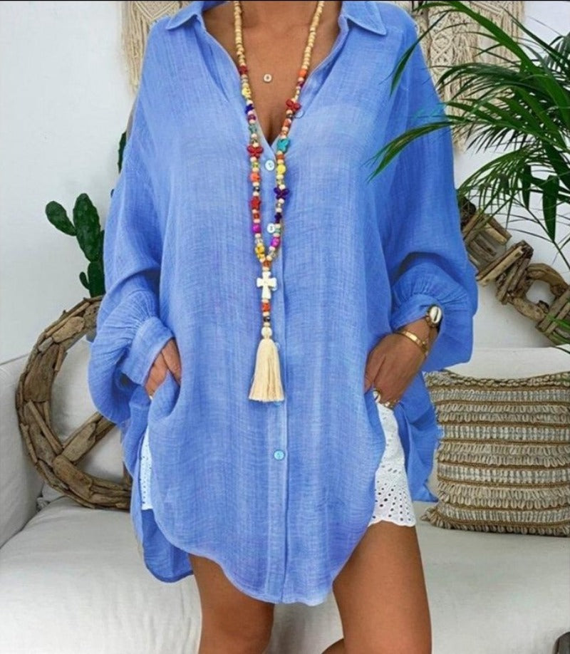 Cotton Linen Blouse Long Sleeve Turn Down Collar - Easy Pickins Store