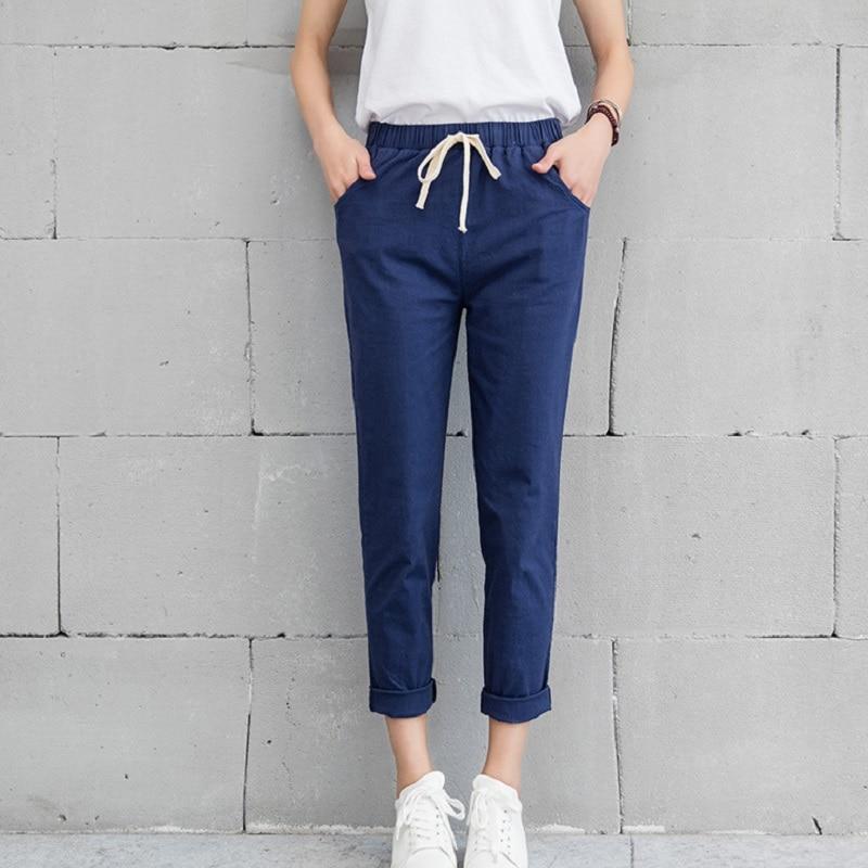 Cotton Linen Long Pants Elastic Waist Pockets Loose - Easy Pickins Store