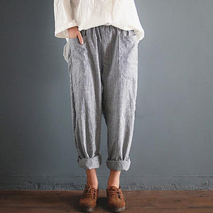 Cotton Linen Loose Harem High Waist Stripe Pocket Pant - Easy Pickins Store