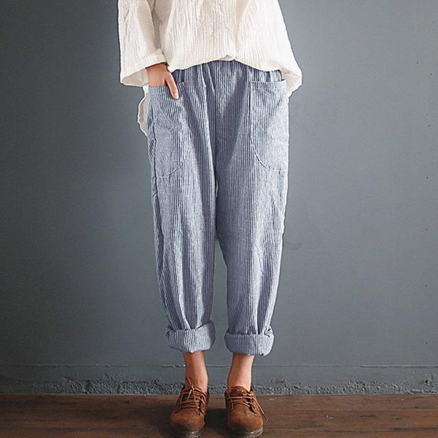 Cotton Linen Loose Harem High Waist Stripe Pocket Pant - Easy Pickins Store