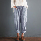 Cotton Linen Loose Harem High Waist Stripe Pocket Pant - Easy Pickins Store