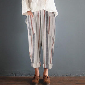 Cotton Linen Loose Harem High Waist Stripe Pocket Pant - Easy Pickins Store