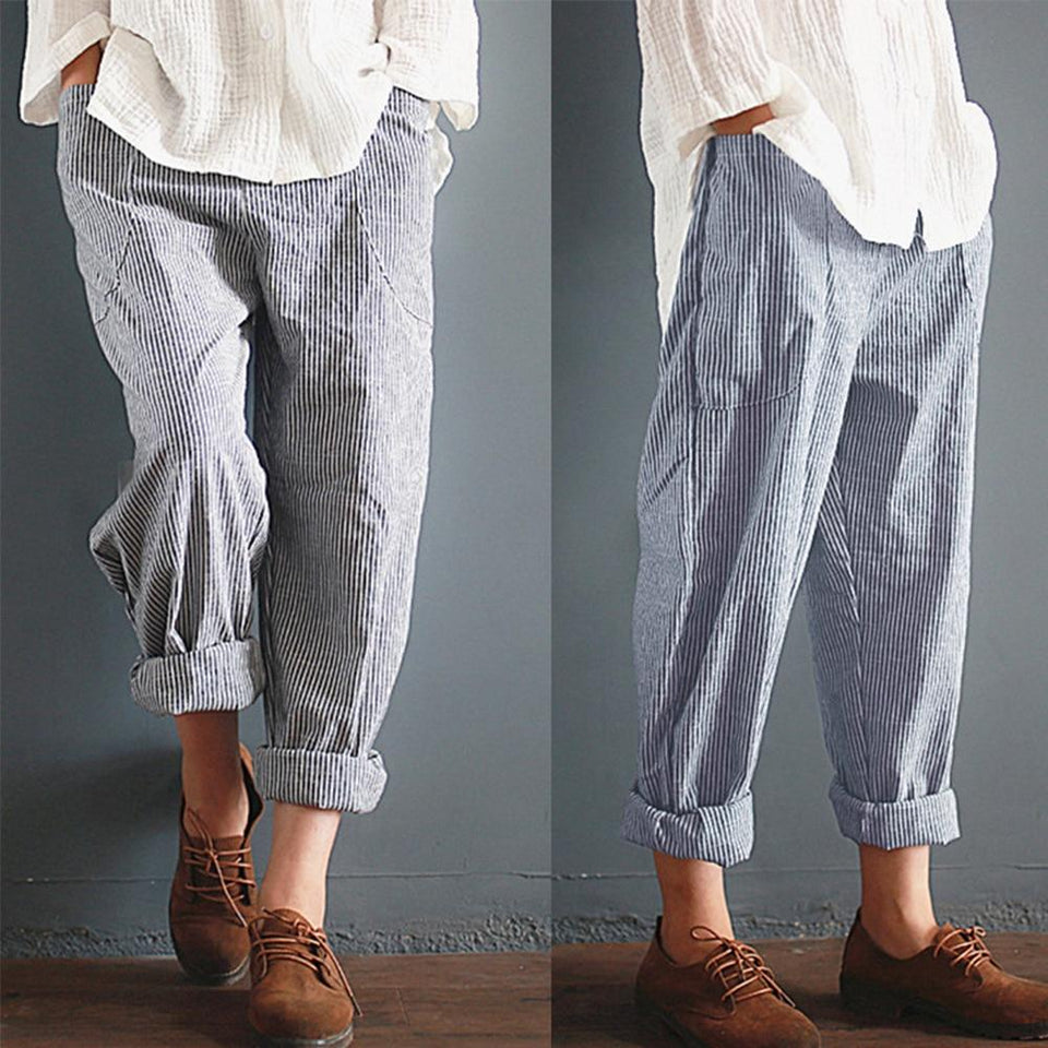 Cotton Linen Loose Harem High Waist Stripe Pocket Pant - Easy Pickins Store