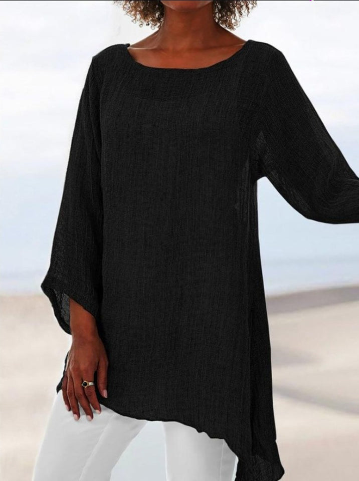 Cotton Soft Blouse Loose Plus Sizes O Neck Long Sleeve - Easy Pickins Store