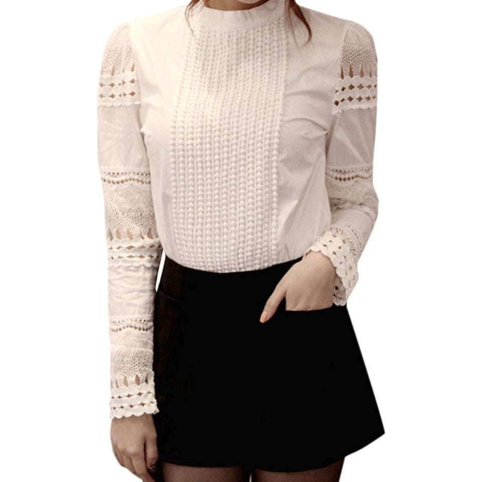 Crochet Slim Embroidery Long Sleeve White Blouse - Easy Pickins Store