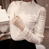 Crochet Slim Embroidery Long Sleeve White Blouse - Easy Pickins Store