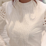 Crochet Slim Embroidery Long Sleeve White Blouse - Easy Pickins Store