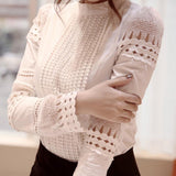 Crochet Slim Embroidery Long Sleeve White Blouse - Easy Pickins Store
