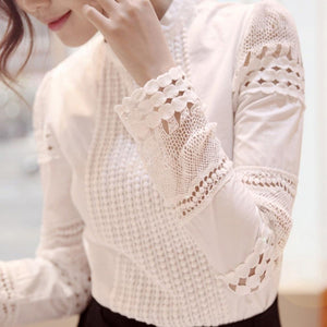 Crochet Slim Embroidery Long Sleeve White Blouse - Easy Pickins Store