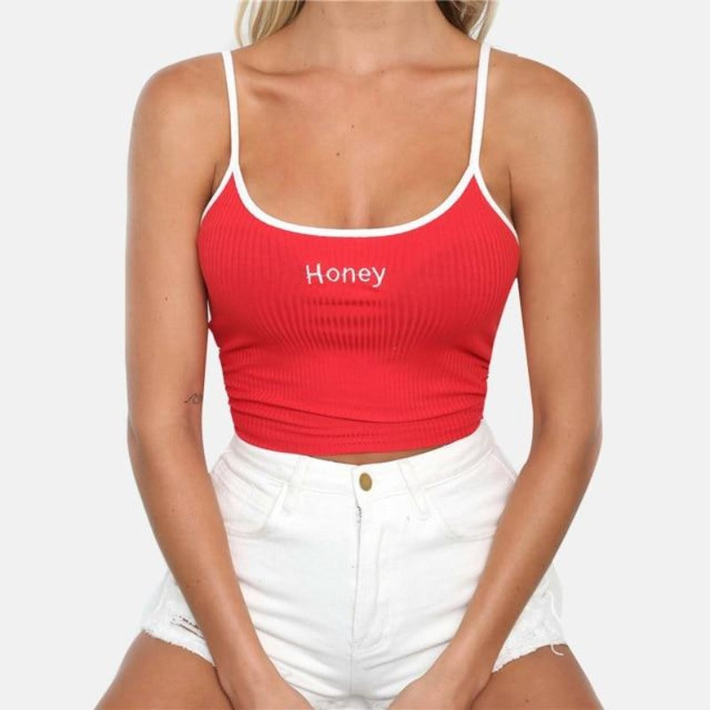 Crop Top Honey Letter Strap Tank Tops Cropped Elastic Shirt Vest - Easy Pickins Store