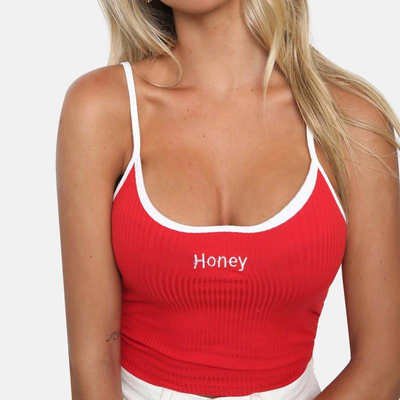 Crop Top Honey Letter Strap Tank Tops Cropped Elastic Shirt Vest - Easy Pickins Store
