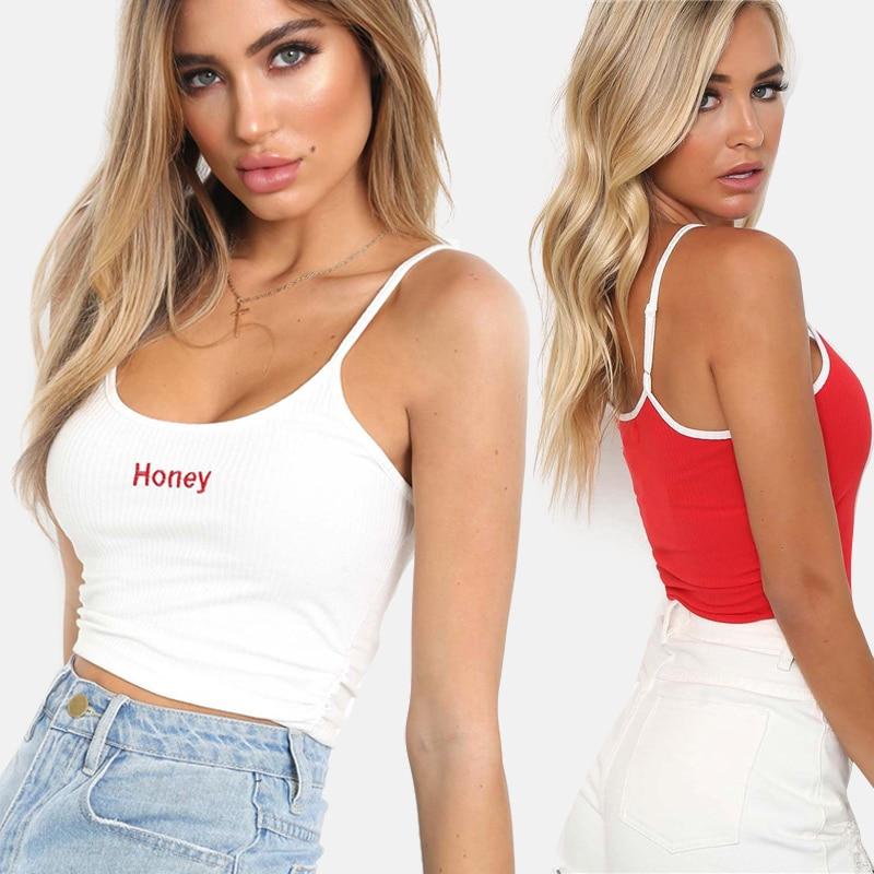 Crop Top Honey Letter Strap Tank Tops Cropped Elastic Shirt Vest - Easy Pickins Store