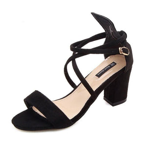 Cross Strap Buckle Sandals High Heels Thick Shallow - Easy Pickins Store