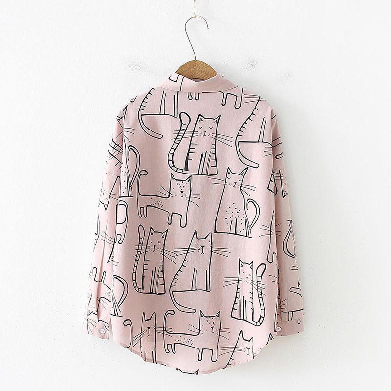 Cute Cat Print Loose Blouse Turn Down Collar Long Sleeve - Easy Pickins Store