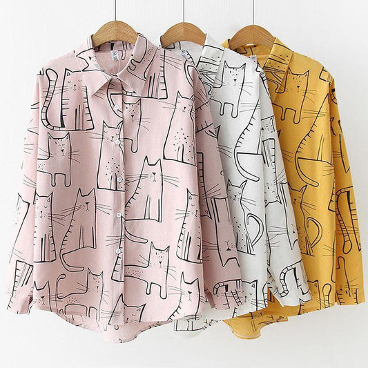 Cute Cat Print Loose Blouse Turn Down Collar Long Sleeve - Easy Pickins Store
