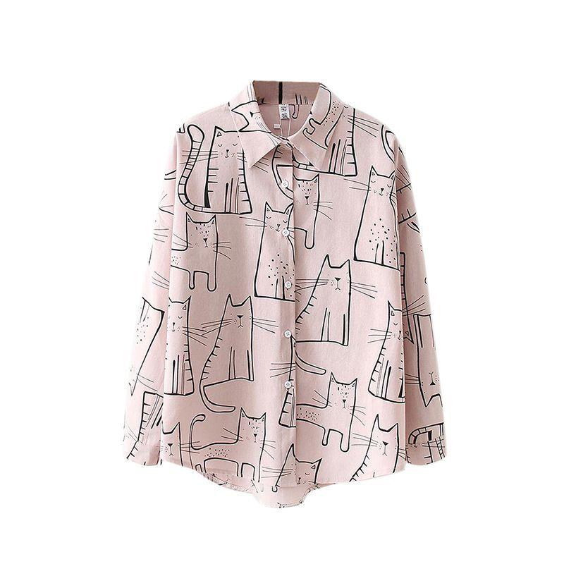 Cute Cat Print Loose Blouse Turn Down Collar Long Sleeve - Easy Pickins Store