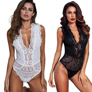 Deep V Neck Hollow out Floral Lace Bodysuit Sleeveless Sheer - Easy Pickins Store
