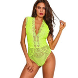 Deep V Neck Hollow out Floral Lace Bodysuit Sleeveless Sheer - Easy Pickins Store