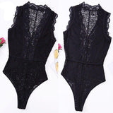 Deep V Neck Hollow out Floral Lace Bodysuit Sleeveless Sheer - Easy Pickins Store