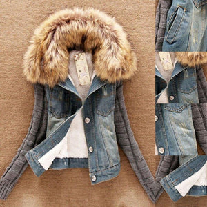 Denim Coat Jeans Plush Fleece Short Jacket Slim Elegant Fur Collar - Easy Pickins Store