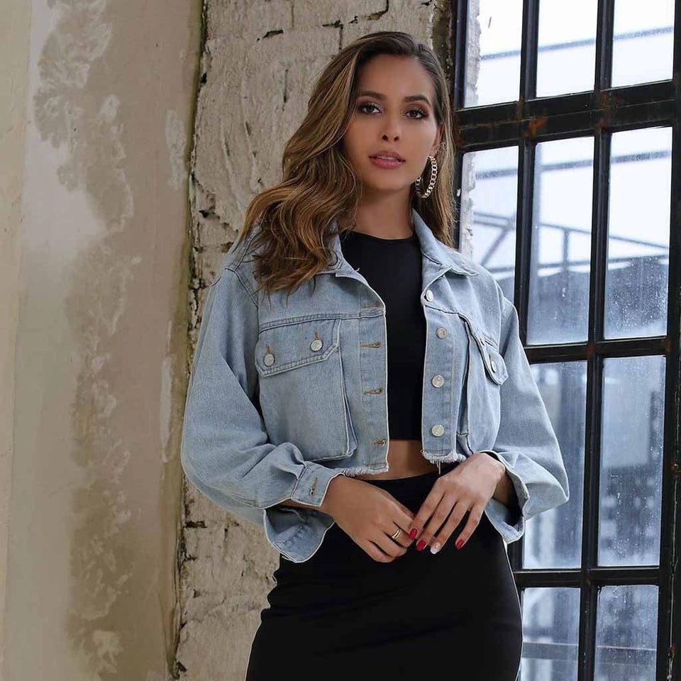 Denim Jacket Long Sleeve Button Short - Easy Pickins Store