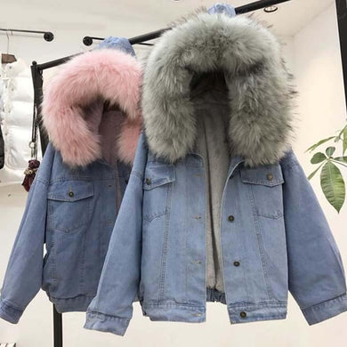 Denim Jeans Hooded Velvet Faux Fur Collar Padded Warm Jacket - Easy Pickins Store