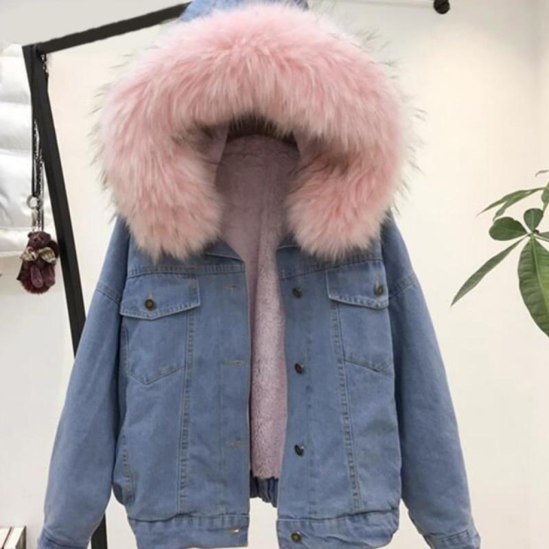 Denim Jeans Hooded Velvet Faux Fur Collar Padded Warm Jacket - Easy Pickins Store