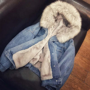 Denim Jeans Hooded Velvet Faux Fur Collar Padded Warm Jacket - Easy Pickins Store