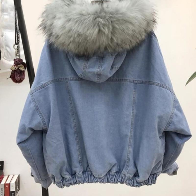 Denim Jeans Hooded Velvet Faux Fur Collar Padded Warm Jacket - Easy Pickins Store