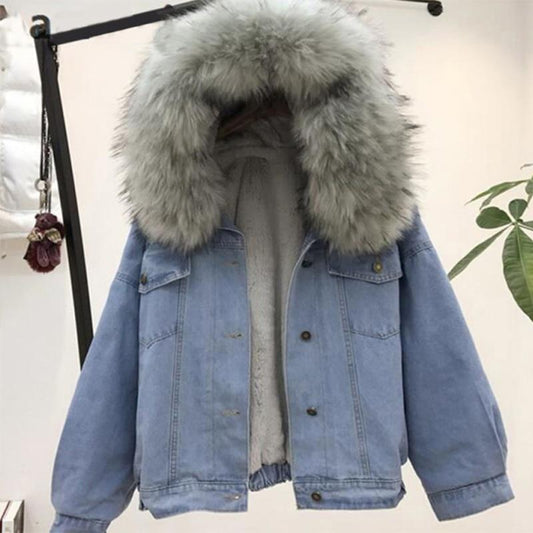 Denim Jeans Hooded Velvet Faux Fur Collar Padded Warm Jacket - Easy Pickins Store