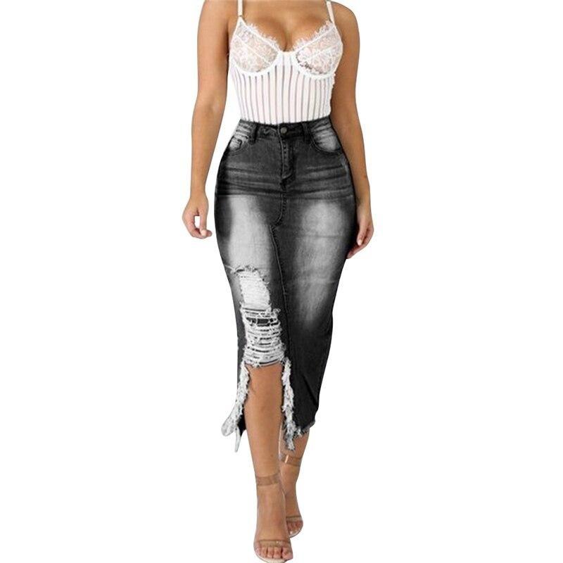 Denim Maxi Skirt High Waist Ripped Hole - Easy Pickins Store